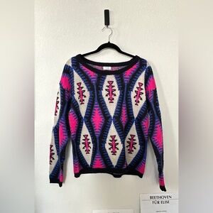 Tobi Aztec Southwestern Pink Blue Boho Vintage Knit Sweater Size S/M